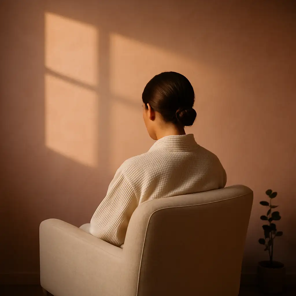 A client in a cream robe seen from behind, seated in a linen armchair in warm evening light