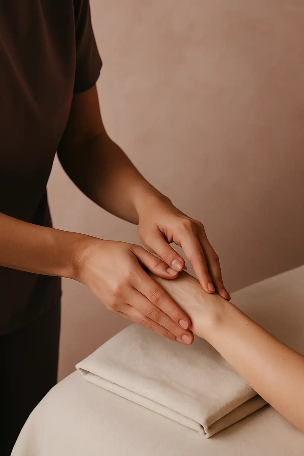A close-up of a skin therapist’s hands massaging cream into a client’s hand and forearm on cream linen