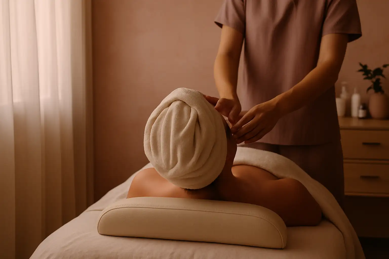 A client with hair wrapped in a cream towel lying on a linen treatment bed, seen from behind the headrest, a practitioner’s hands resting at her temples